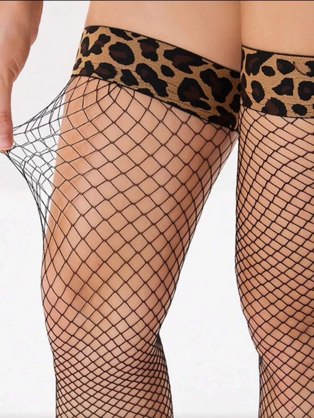 Sheer Black Fishnet Thigh-Highs with Leopard Band
